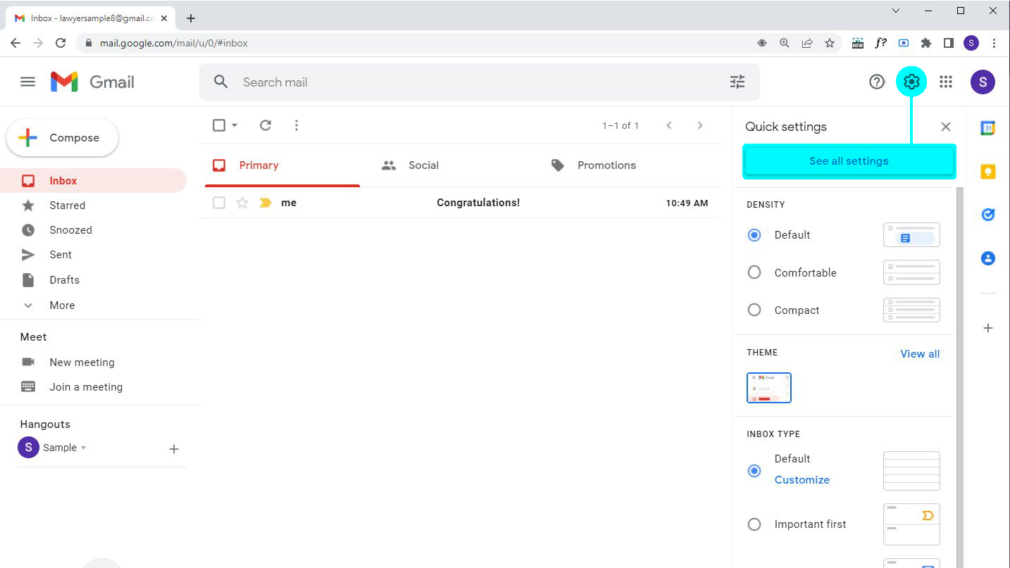 Image demonstrating where the Google Mail settings menu is located