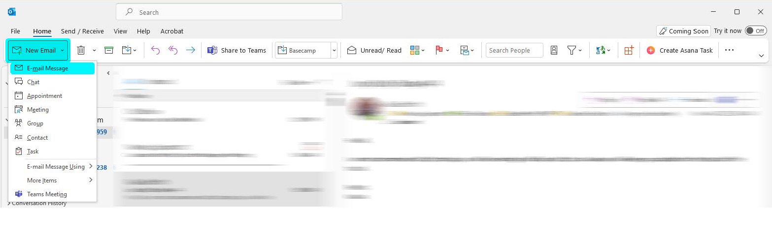 Image showing where the New E-mail icon is located in Outlook